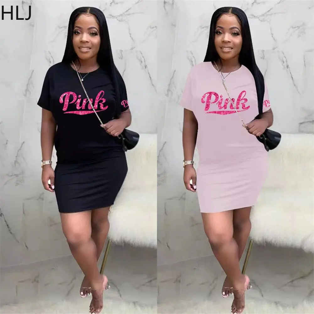 

HLJ Casual Sequins PINK Letter Print Dress Women Round Neck Short Sleeve Mini Dress Summer Female Slim Vestidos Streetwear 2023