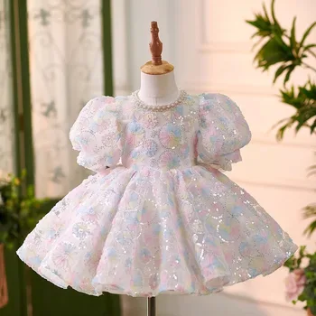 Vestito per Bambina di Un Anno 2024, Nuovo Abito con Maniche a Sbuffo e Gonna in Tulle per Festa di Compleanno o 100 Giorni