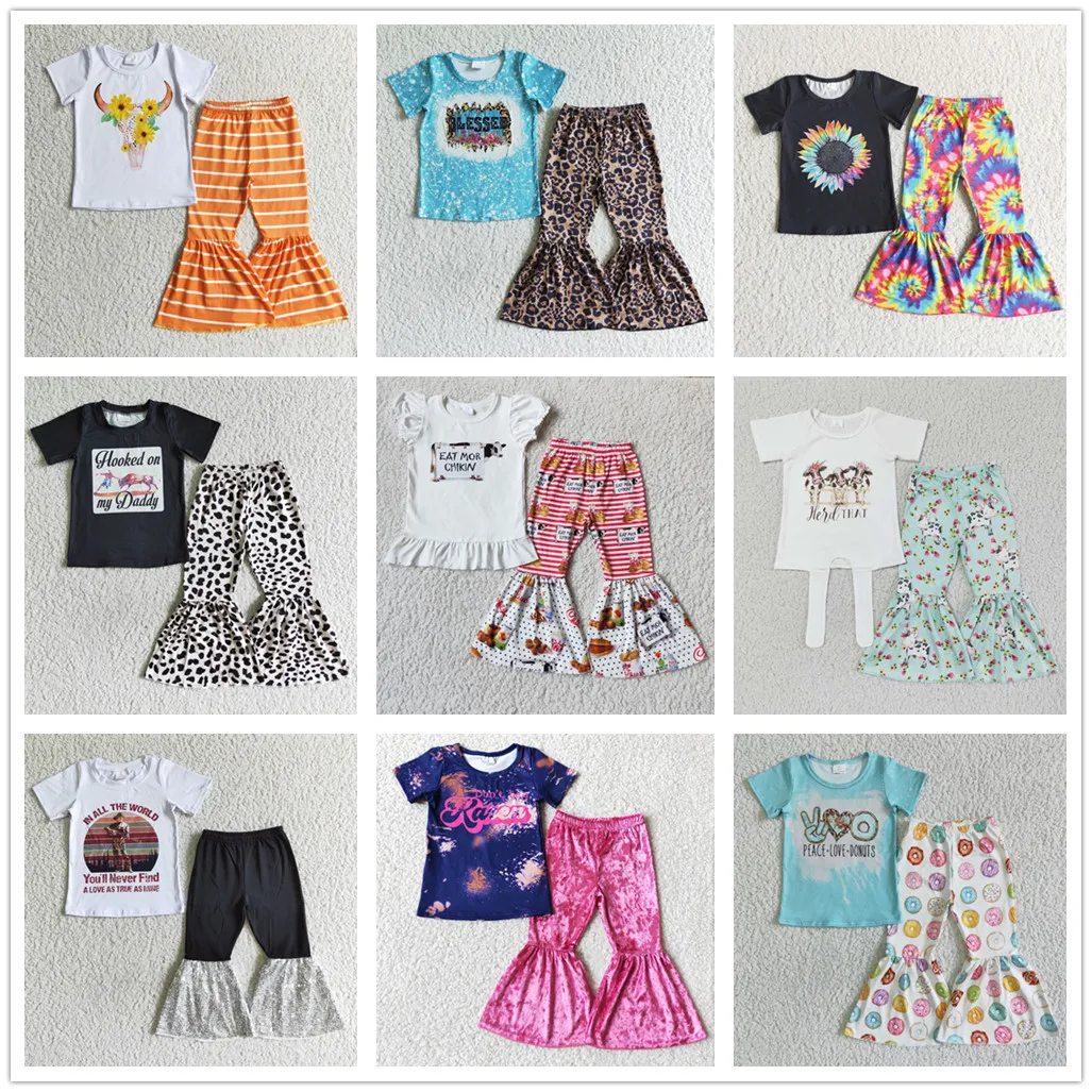 

W​holesale Clearance RTS Kids Boutique Clothes Sets Toddler 2PCS Classic Outfits Baby Girls Bell Bottoms