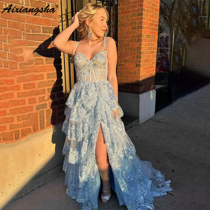 

Aixiangsha Light Blue Corset Lace Tiered Tulle Long Formal Evening Dress For 2023 Women robes de soirée vestidos fiesta mujeres