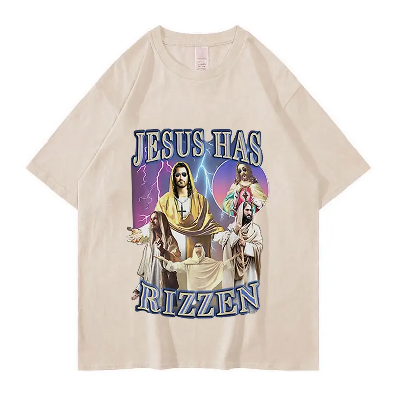 

Jesus Has Rizzen Christian T Shirts Retro Religious Clothing T-Shirt Men's O-Neck 100% Cotton Oversized Tshirt Y2k Harajuku Tops