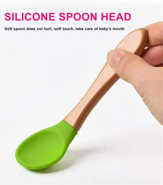 Silicone Spoon Tableware Wooden Handle Feeding Spoon Cutlery Food Grade Baby