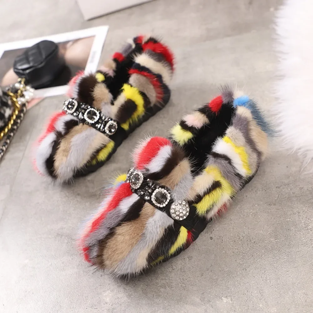 

Womens Rhinestones Real Mink Fur Loafers Platform Flats Snow Warm Winter Shoes Rainbow Colors Thick Slip On New 2024