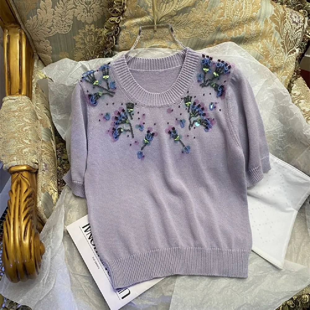 

Женская трикотажная футболка с бисером и стразами, F089, весна-лето 2022