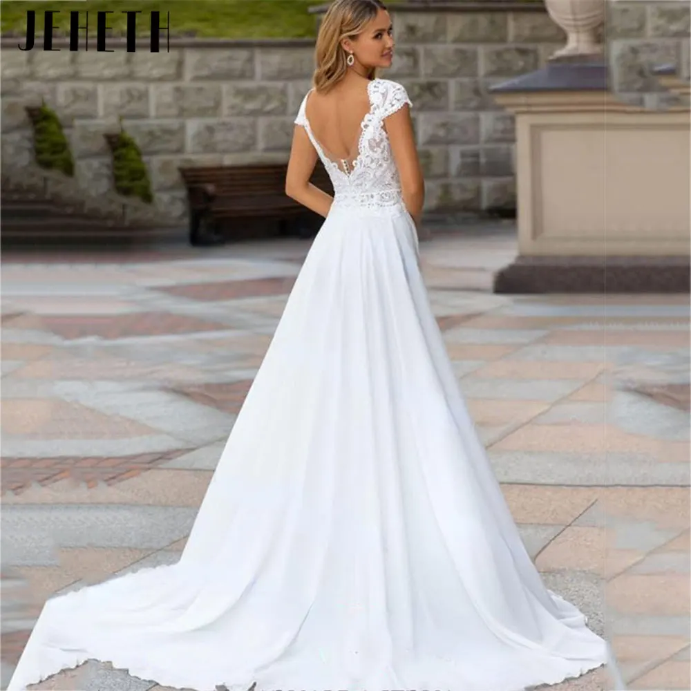 JEHETH Bohemian Lace Chiffon Wedding Gowns 2024 Charming Backless Cap Sleeves Bride Dresses A Line Robe De Mariee Custom Made