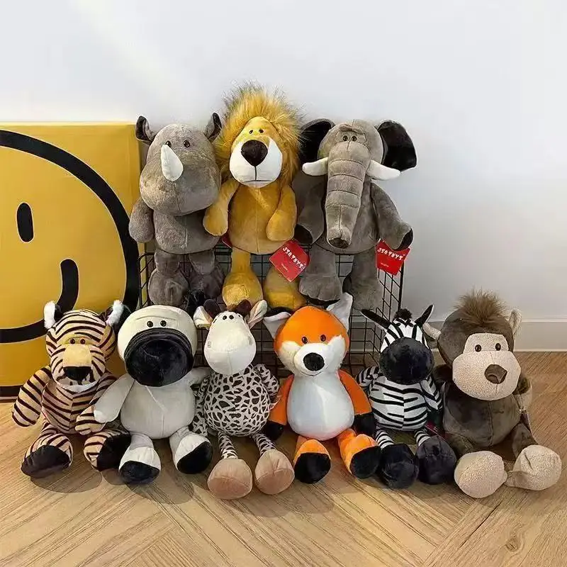 Brinquedos de Pelúcia de Animais da Floresta Realistas de 25cm: Leão, Tigre, Elefante, Macaco, Leopardo, Girafa, Guaxinim para Presentes para Crianças
