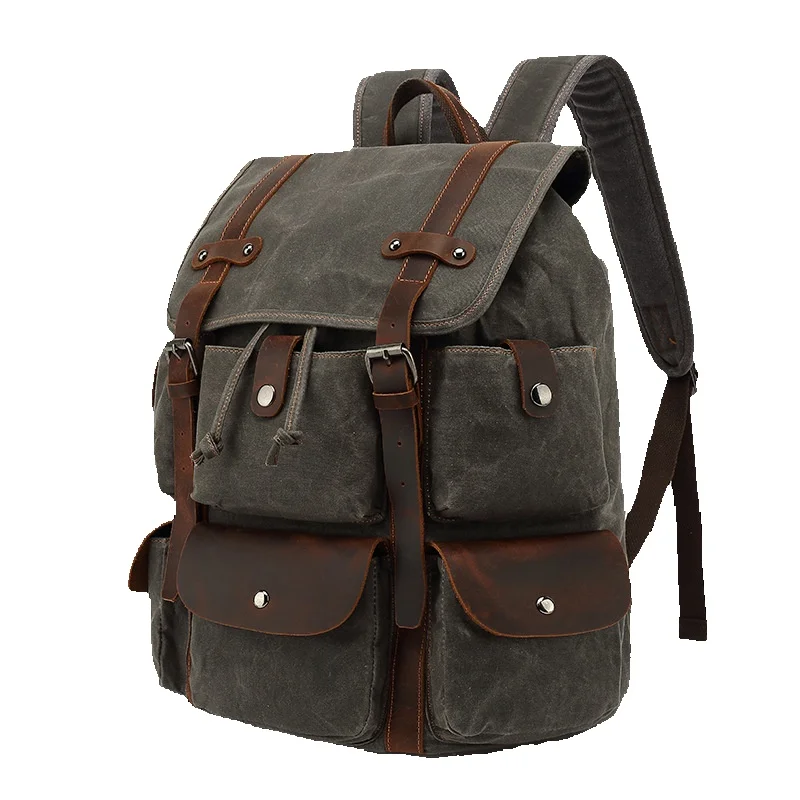 LazyZoom Men's Backpack Sports Travel Hiking Student School Bag Waxed With Crazy Horse Leather_voghion.com