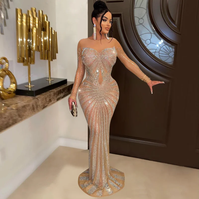 

Fashion Luxury Sheer Mesh Geometric Crystal Maxi Gowns Beautiful Hollow Out Sequins Party Dress Sexy Clubwear Christmas Outfits