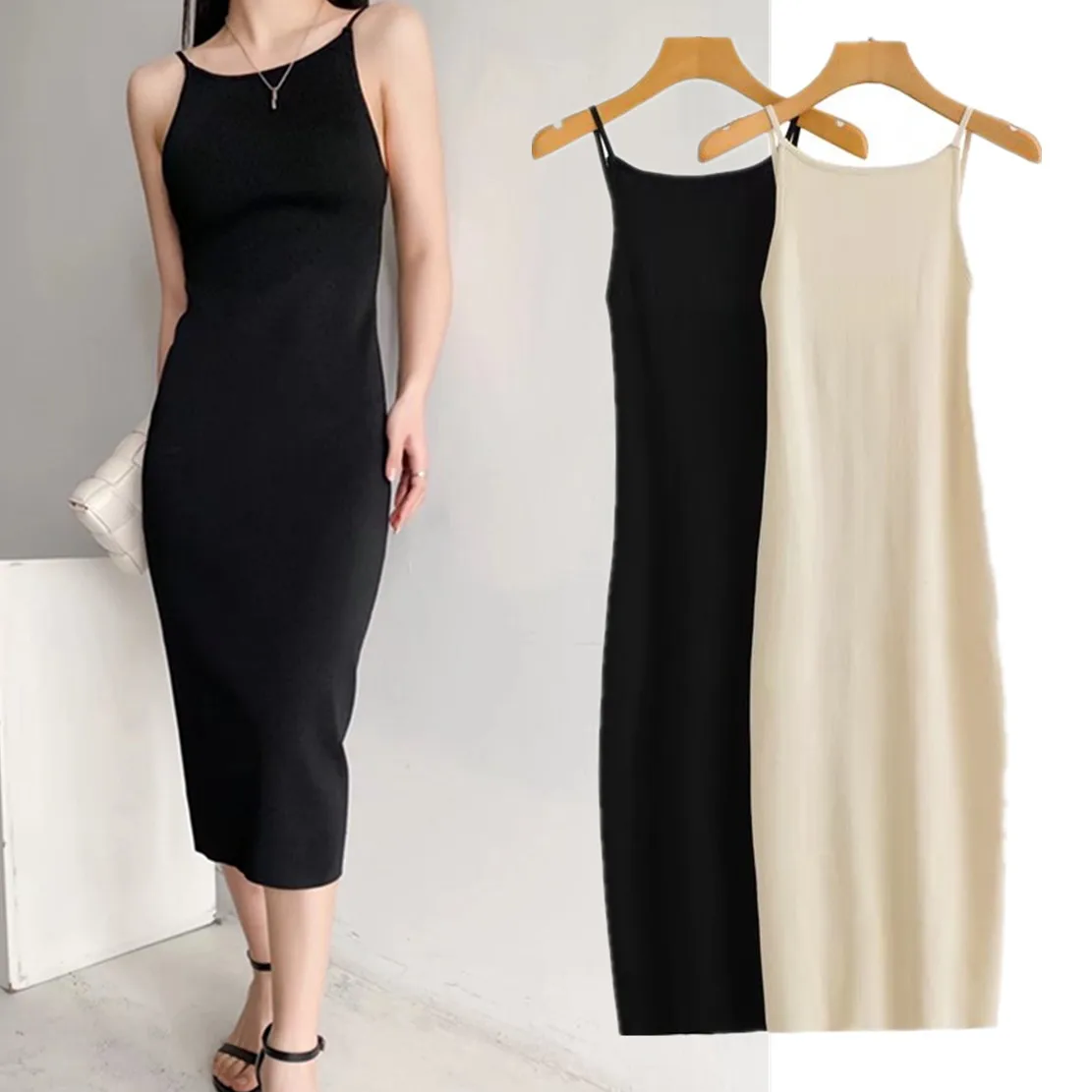 

Withered 2023 England Style Fashion Simple Spaghetti Strapless Knitted Sheath Sexy Dress Women