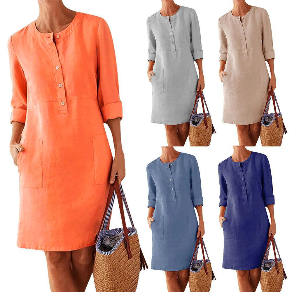 

Nice Fashion Autumn Women Midi Dress Women Solid Color Loose Cotton Hemp New O-Neck Long Sleeve Casual Dress Plus Size Vestidos