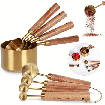 Wooden Handle Stainless Steel Measuring Cups Spoons Set 1