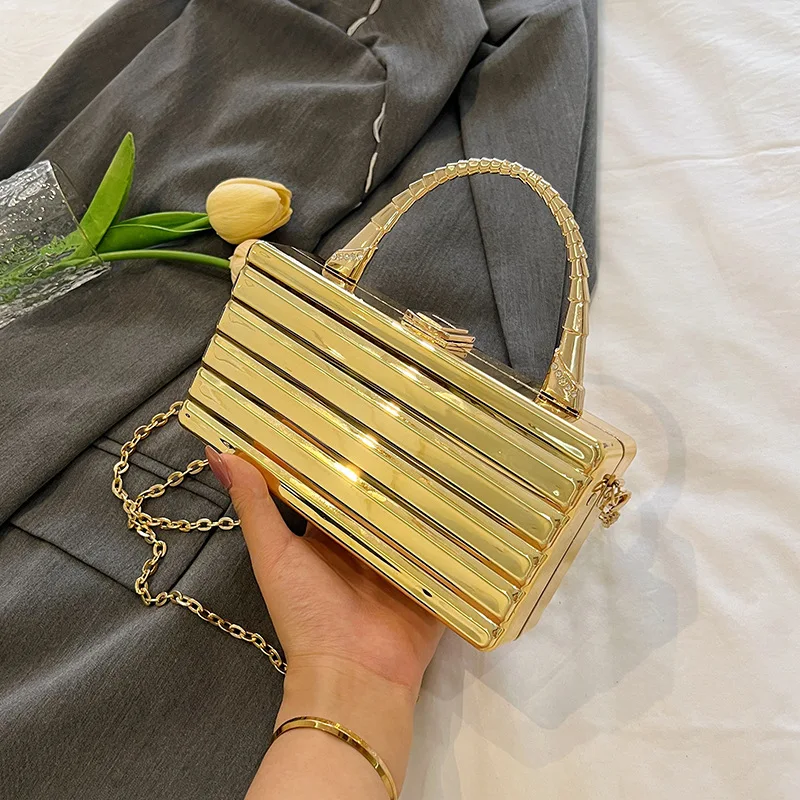 Luxury Gold Women Party Acrylic Box Evening Bag Women Metal Handle Clutch Hand Wallet Chain Shoulder Crossbody Bag Mini Box
