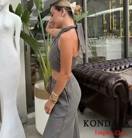 KONDALA Sexy Casual Crossover Camisole Top Set Women New 2025 Spring Summer Fasion Holiday Beach Pant Set Halter Top with Pant - Image 2