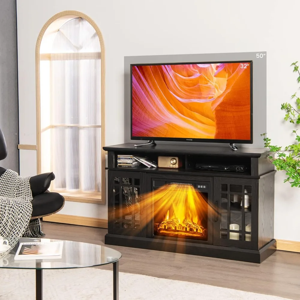 Electric Fireplace TV Stand, TV Console for TVs with 18 Inch Fireplace up to 55 Inch with 2 Open Shelves and Cabinets w/Doors 2