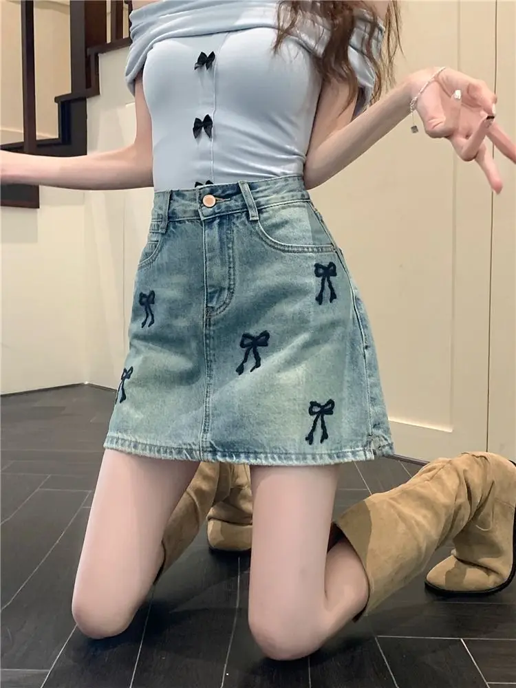 Denim Skirt Bow Embroidered American Street Plus Size Retro Women Summer Niche Design Sense High Waist Slim A-Word Skirt Tide