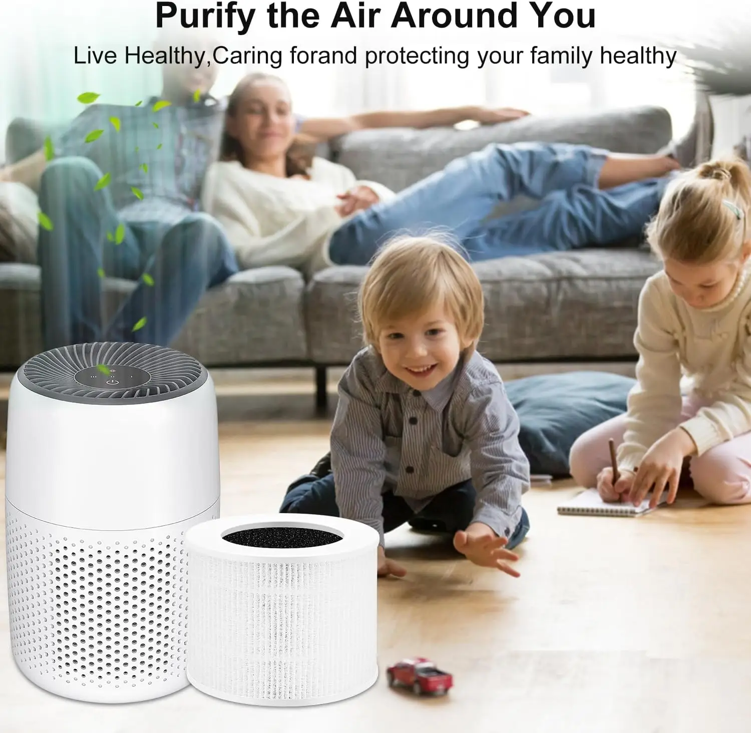 Purificateur d'air HEPA installé dans un salon, avec le filtre visible.