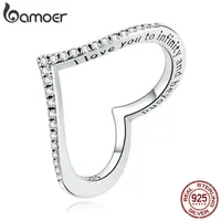 BAMOER 925 Sterling Silver Heart Ring 14K Gold Plated Sparkling Wishbone 'V' Ring for Women with Cubic Zirconia SCR856