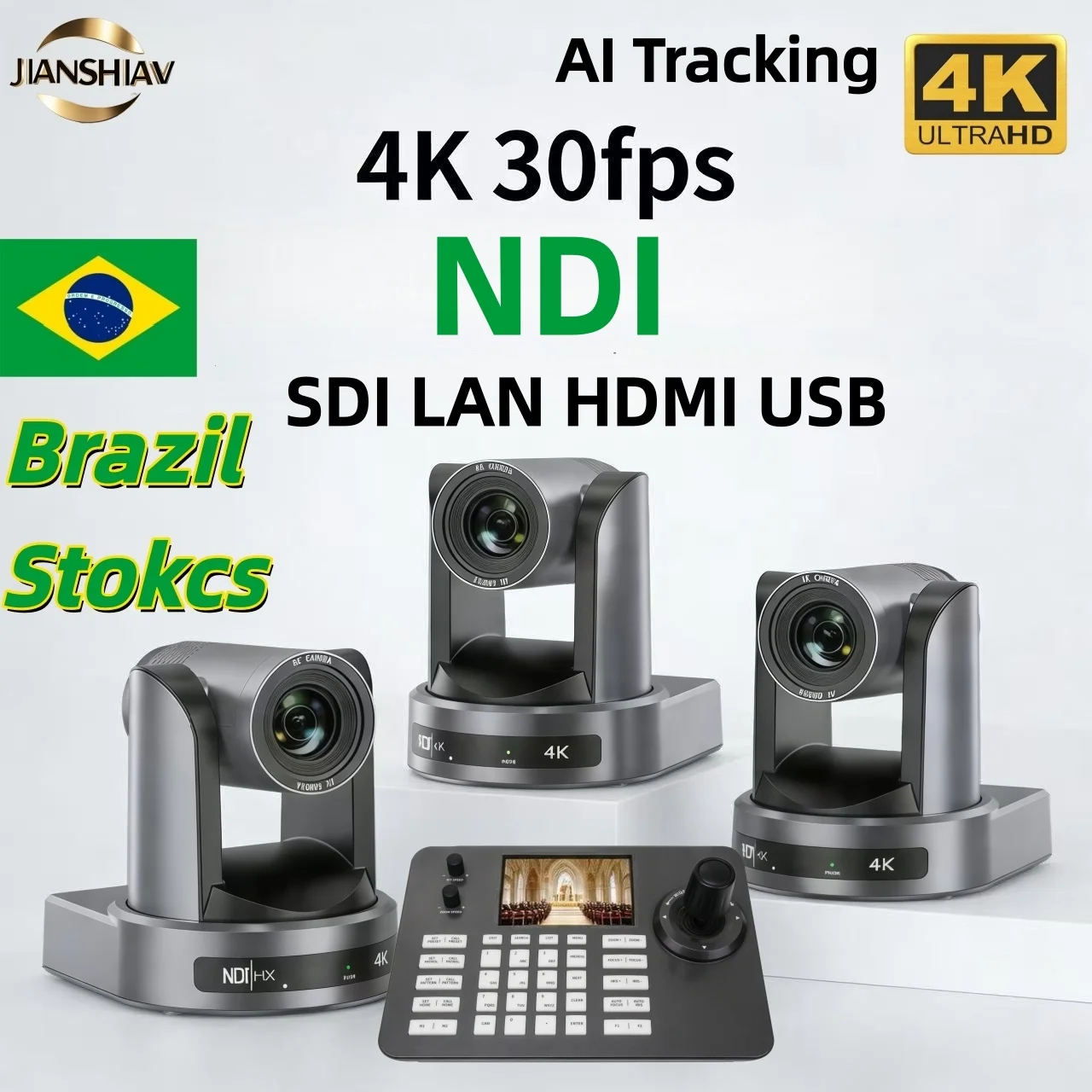 Câmera PTZ 4K NDI (1 a 10 unidades) com SDI, HDMI, POE, USB e Zoom de 20x para Videoconferência em Igrejas e Reuniões de Negócios, com 1 Teclado Controlador