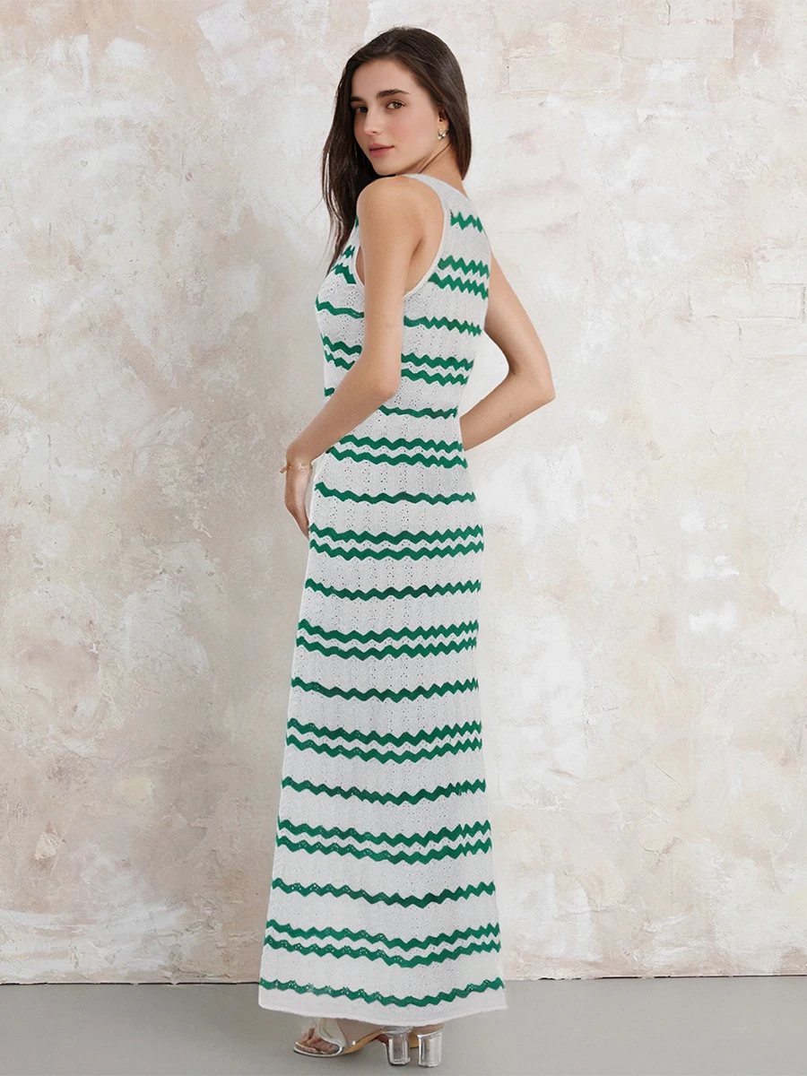 Women s Striped Sleeveless Maxi Dress with V-Neckline and Tie-Up Detail - Lightweight Summer Knit Tank Dress for a  Fit