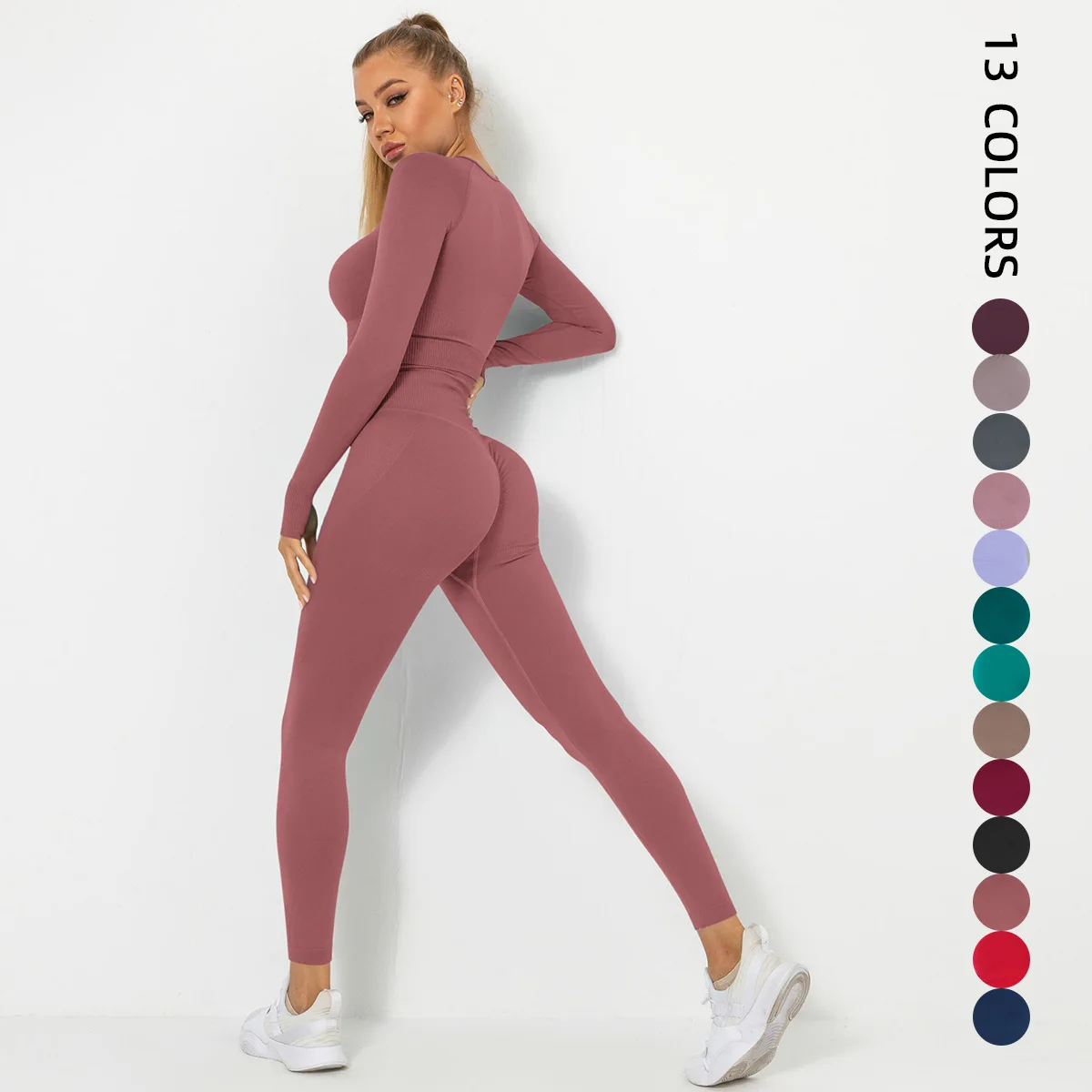 

Hot sale long sleeves yoga wear 13 colors fitness sets clothing two piece yoga set seamless women customized logo wholesale