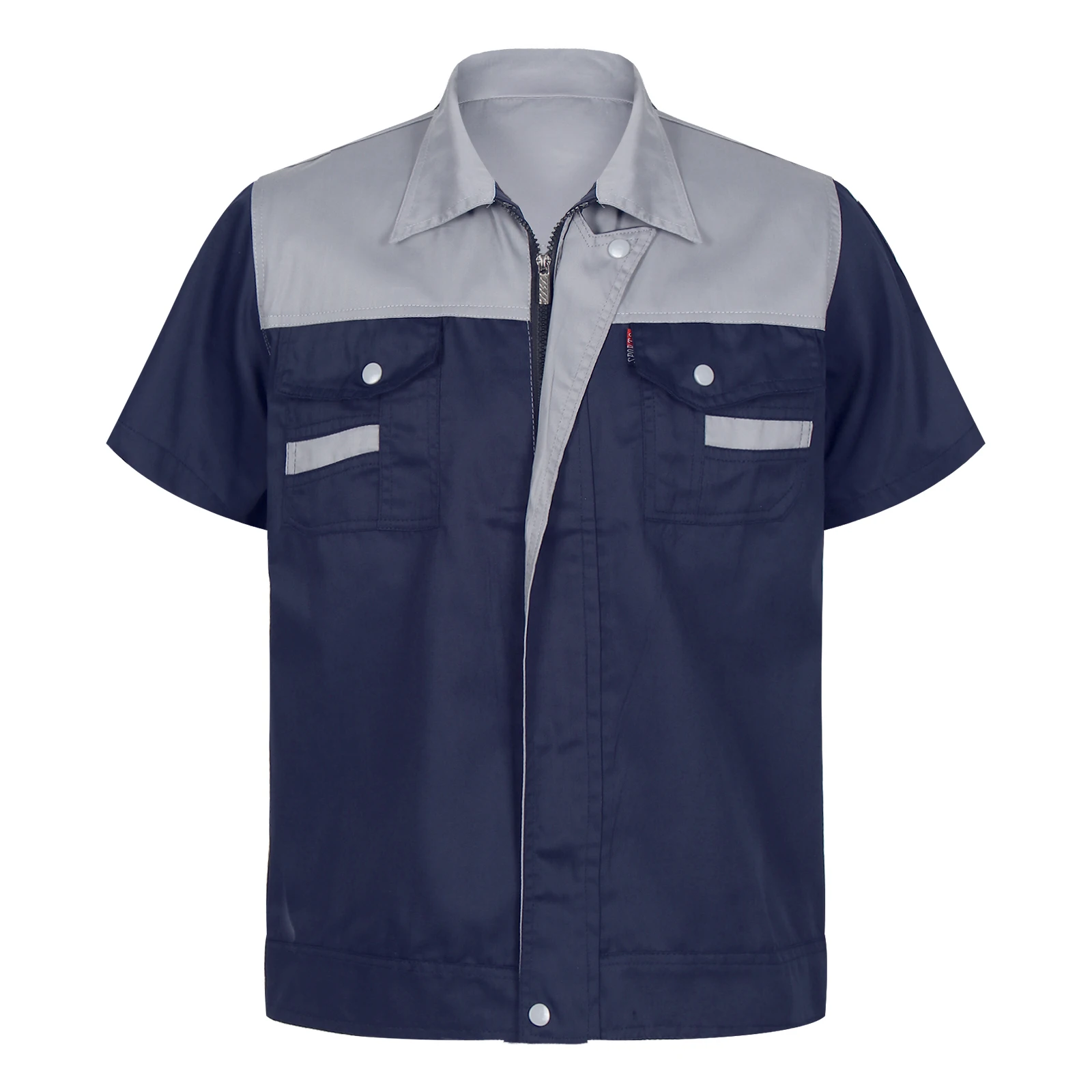 thumbnail image 1 of Uniforme de trabajador de fábrica para hombre, chaqueta de trabajo con cremallera de manga corta, camisa industrial, traje de mecánico con bolsillo, chaqueta, abrigos, blusas, 1 of 5