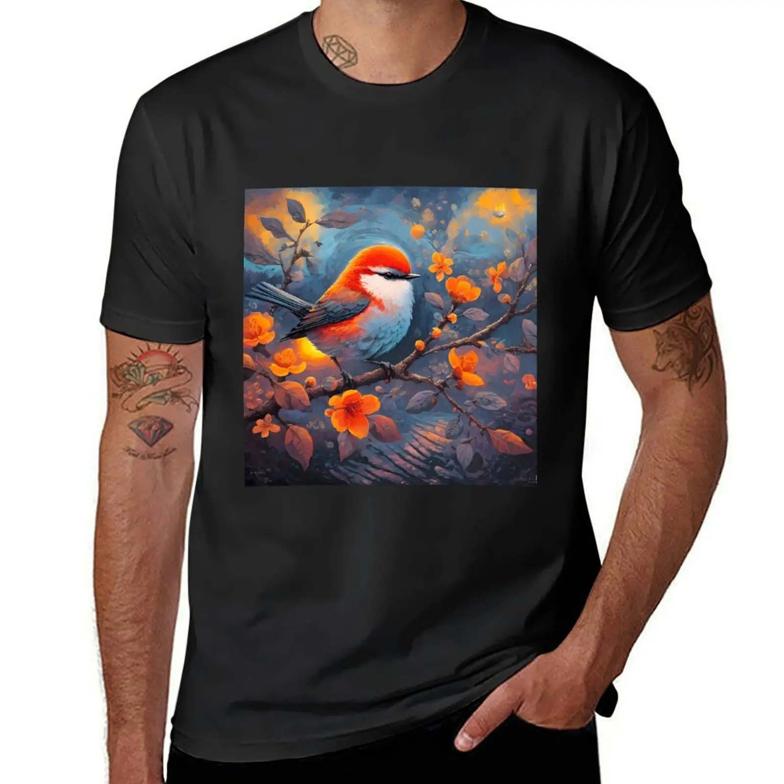 

Mystical Blue Background with Bird and Blossoms T-Shirt oversizeds funnys graphics anime clothes mens t shirts pack