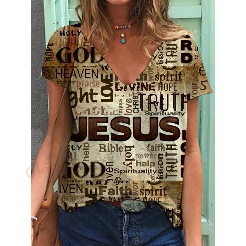 

2023 Jesus Women Fashion T-shirts Letter 3DPrint Top Short Casual V-Neck Sleeve Oversized Tops Tees Summer Brand Street Tee Girl