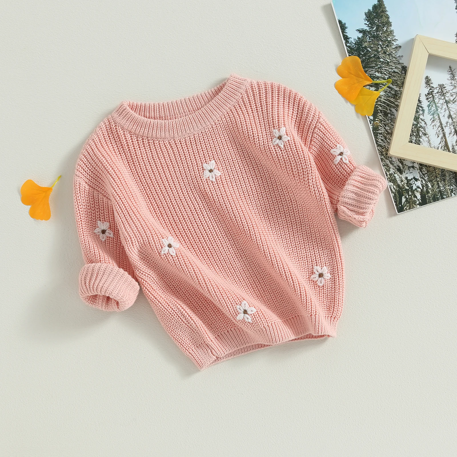 Infant Newborn Baby Girl Sweater Long Sleeve Crew Neck Flower Winter Warm Knit Pullover Sweater Infant Clothes 0-24M