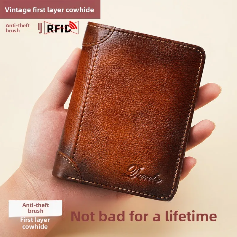 Men's Genuine Leather RFID Blocking Vertical Tri-fold Vintage Cowhide Wallet