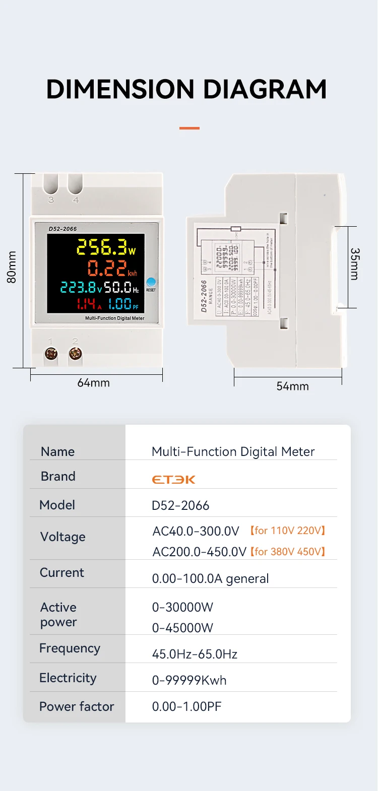 ETEC 6in1 Din Rail AC monitor 110V 220V 380V 100A Voltage Current Power Factor A