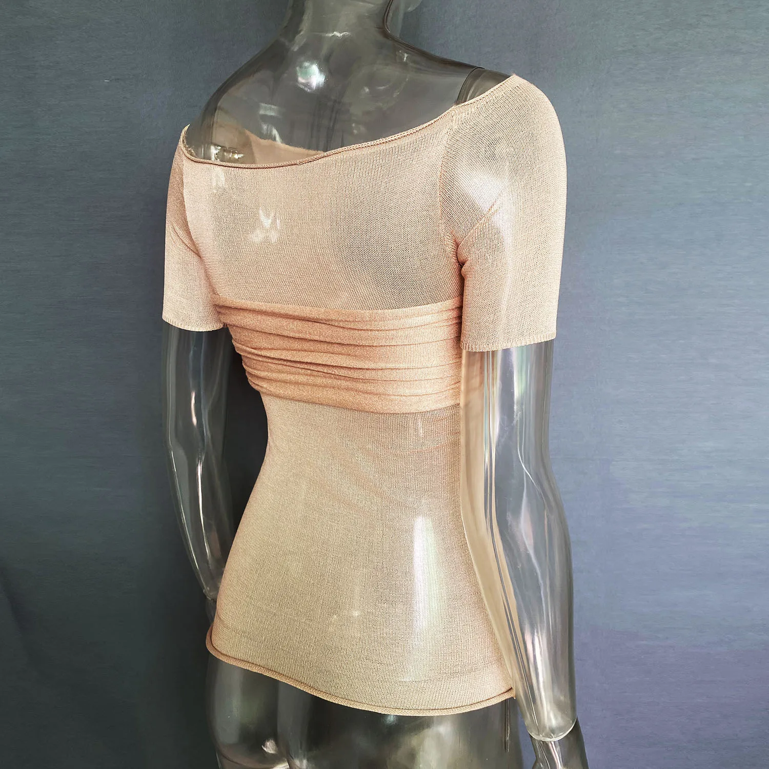 Short Sleeve Mesh Top Shirt For Women Off-Shoulder See-Through Knit Sexy Pullover Summer Sheer New 2025 Ladies T-shirt