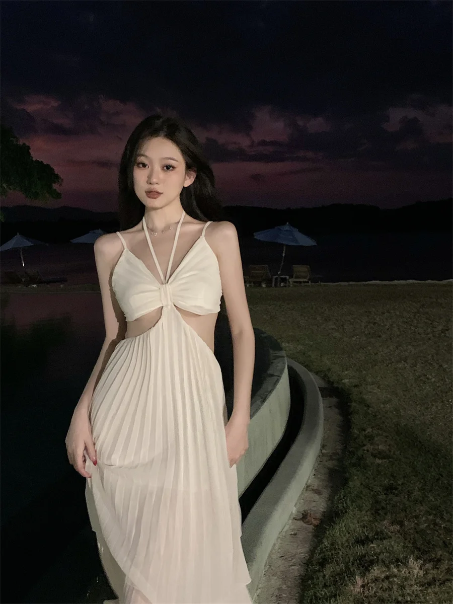Summer New Fashion Sexy Pleated Holiday Beach Long Dresses for Women Vacation Spaghetti Strap A line Ladies Robe 2025 Sundress