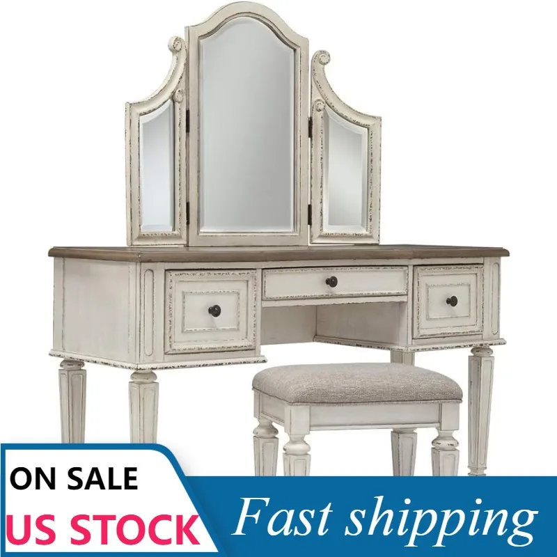 

Signature Design by Ashley Realyn Traditional Cottage 3 Drawer Vanity Set with Dovetail Construction, Mirror & Stool Included