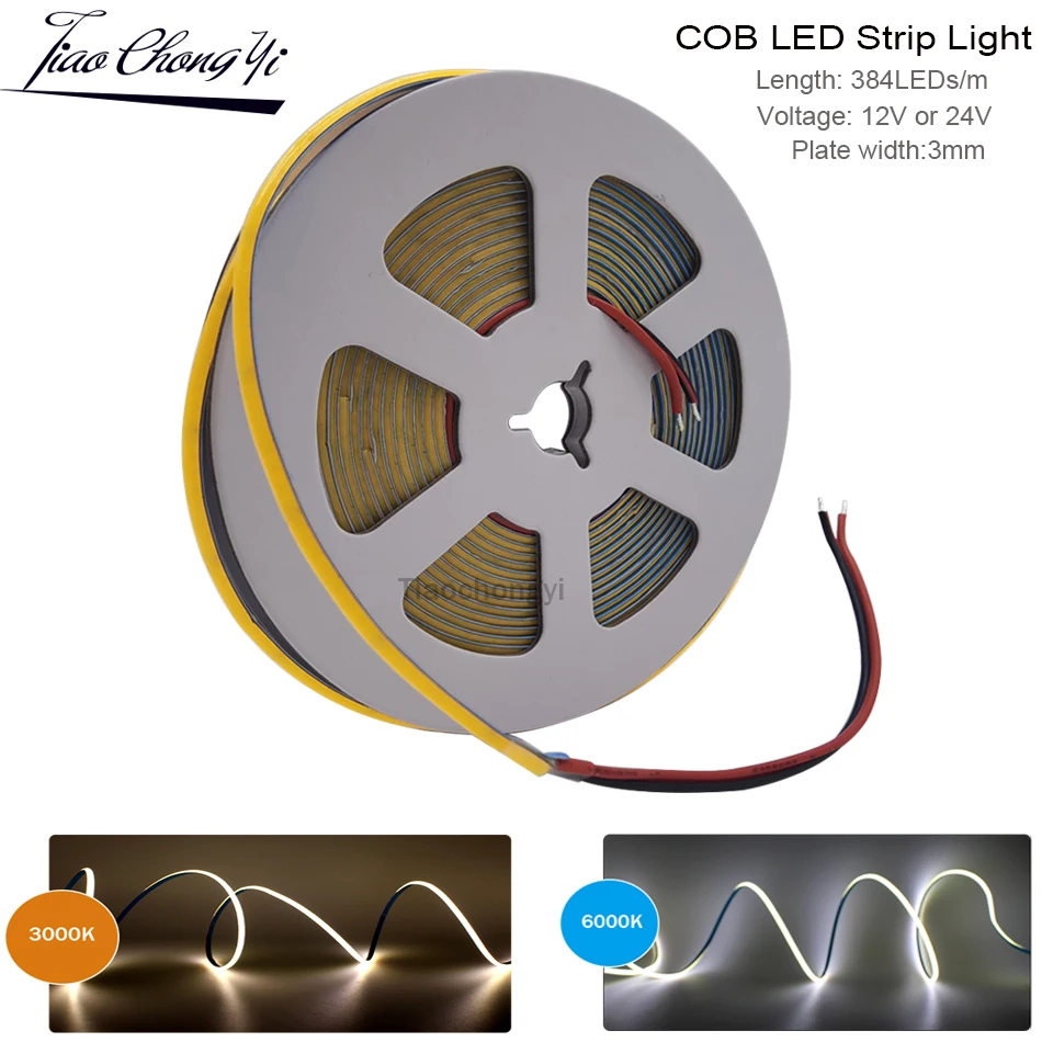 

3mm width 384LEDs/m Flexible COB LED Strip Light High Density FOB Light Linear Ribbon 3000K 4000K 6000K RA90 12V 24V led Tape