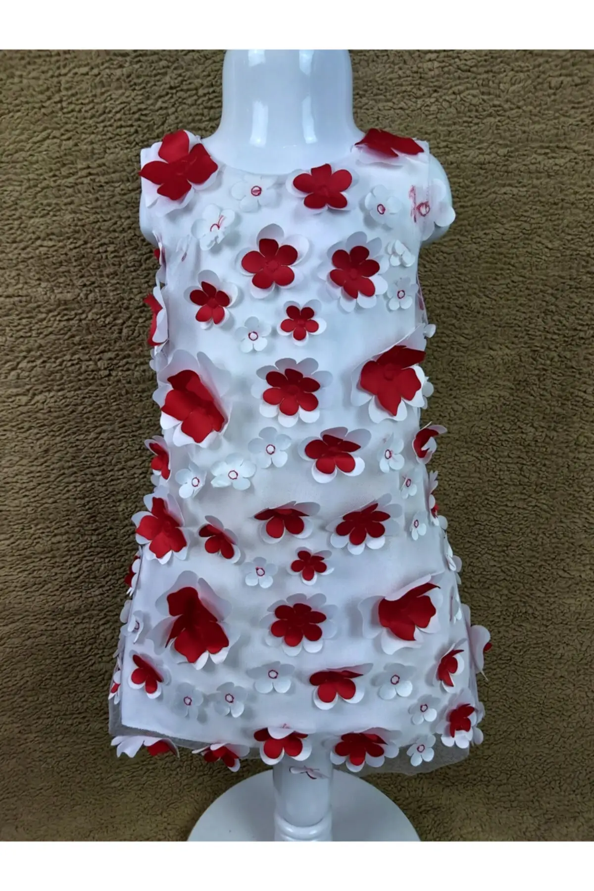 

Girl's Red Floral Figured Strap Dress Floral Zero Sleeve Trend Woven Bicycle Neck Crepe Zipper