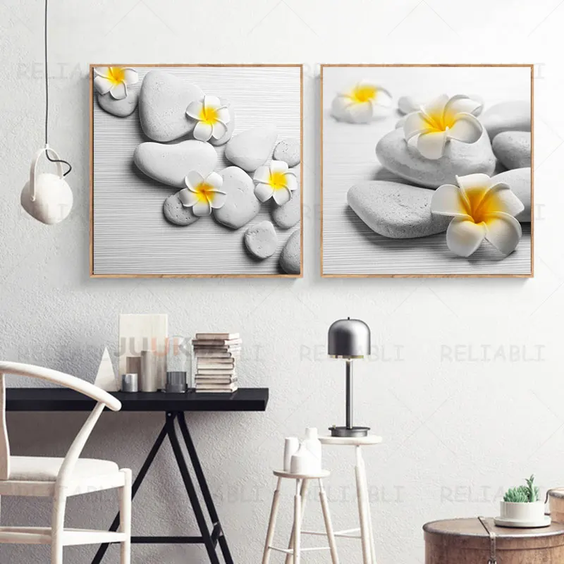 Vintage Yellows Flowers Spa Canvas Painting Wall Art Zen Stone Posters and Prints for Bathroom Wall Art Home Decor Cuadros