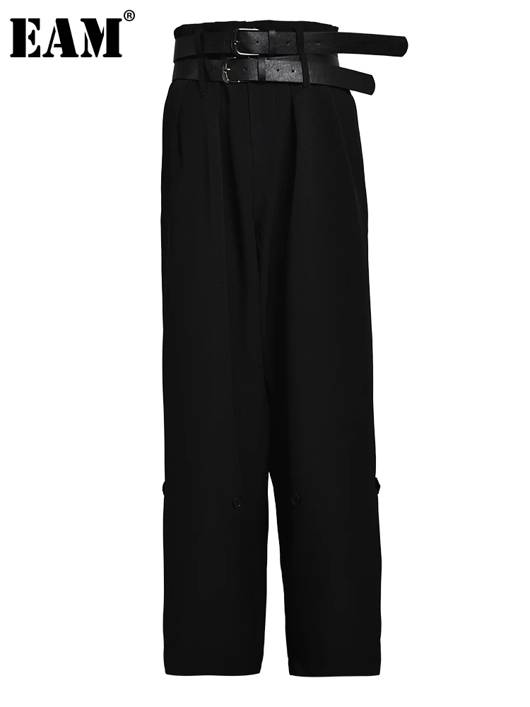 

[EAM] High Waist Black Belt Wide Leg Long Casual Pants New Loose Fit Trousers Women Fashion Tide Spring Autumn 2023 1DF9719