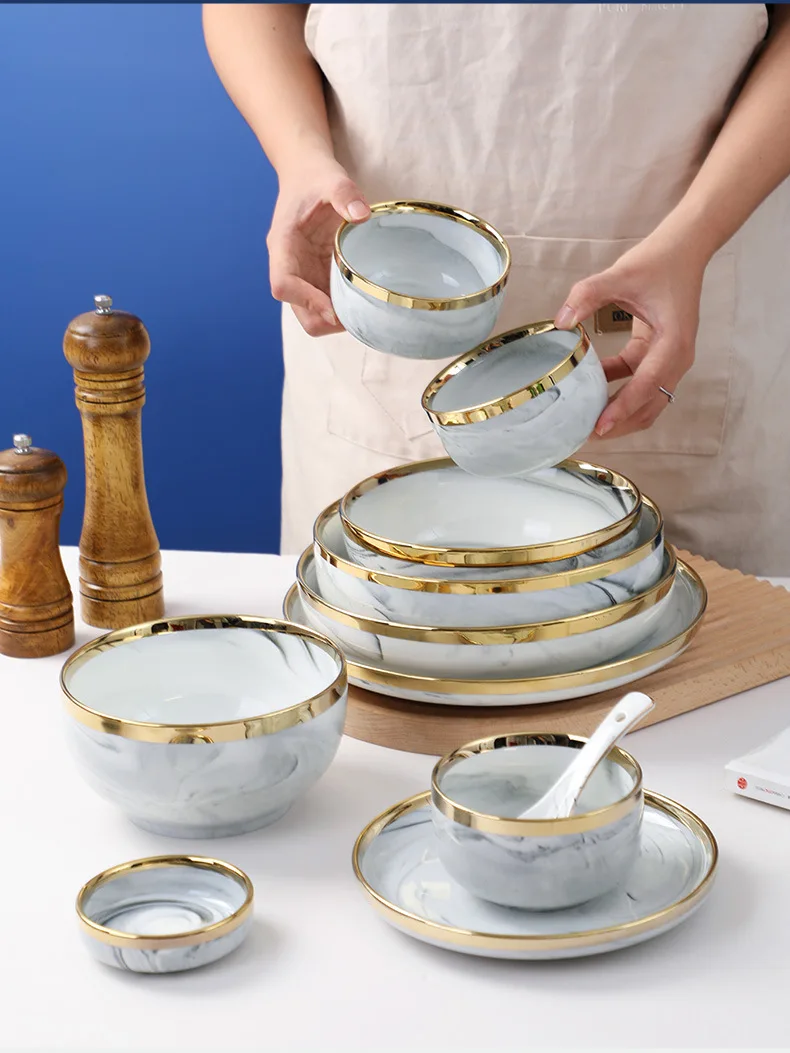 Nordic Gold Rim Ceramic Tableware Set Gray Marbled Dinner Plate Soup Bowl Dish Spoon Home Simple Luxury Flatware