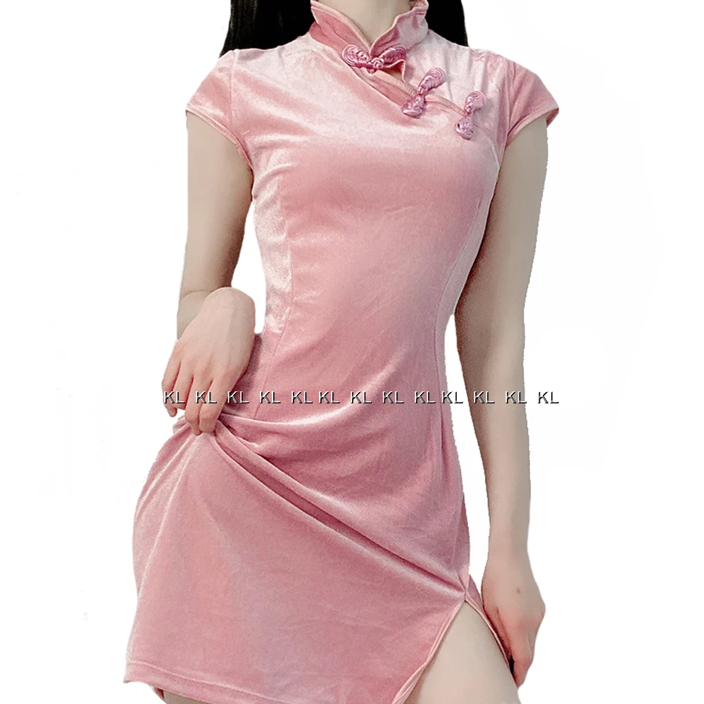 Vintage Chinese Style Cheongsam High Split Mini Dress Pink Black Gothic Women Aesthetic Dresses Sexy Bodycon Dress Qipao Vestido insdoit darkness midi dress gothic sweetheart neck bodycon flare sleeve women sexy addams family heroine dress mermaid dresses