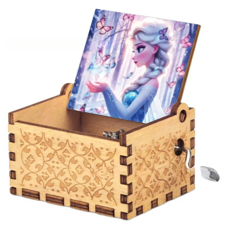 Wooden music box ornament Classical engraving hand crank Princess Elsa music box Frozen music box wholesale 5