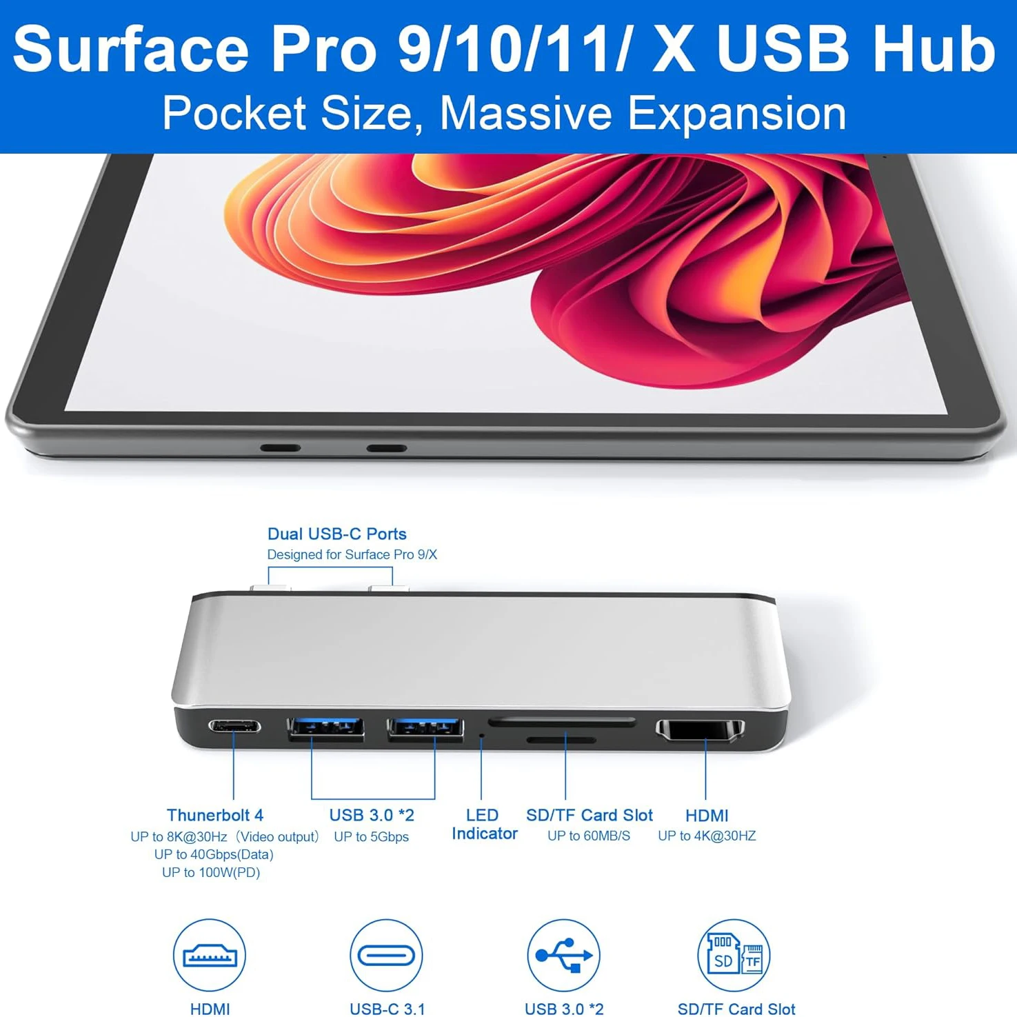 Surface Pro 9/10/11/X Hub Docking Station with 4K HDMI 8K Video Display USB-C  Adapter for Surface Pro Accessories 2