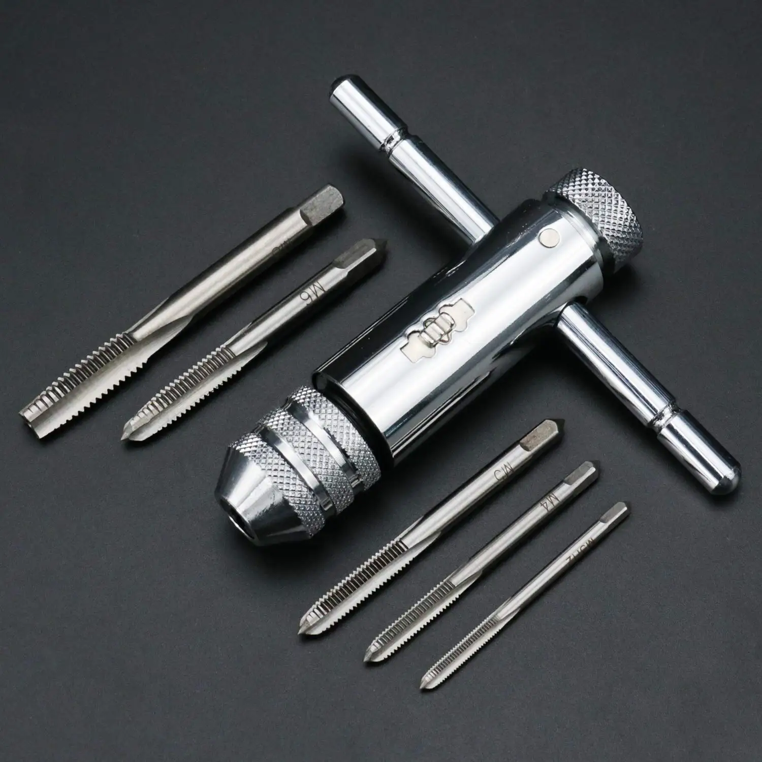 

Adjustable Silver T-Handle Ratchet Tap Holder Wrench with 5pcs M3-M8 3mm-8mm Machine Screw Thread Metric Plug T-shaped Tap