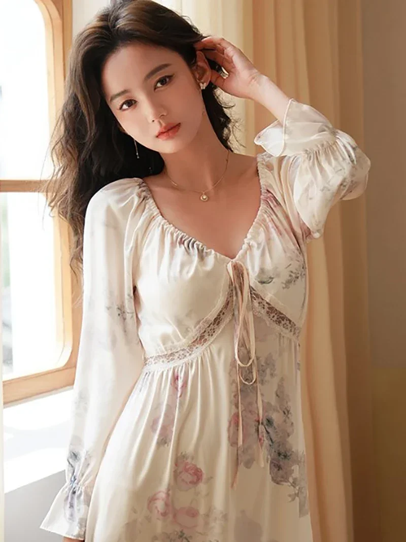 Women Spring Long Flare Sleeve Silk Pajama Dress Print V-neck Lace-up Fairy Backless Princess Sleepwear Nightgowns Home Clothes