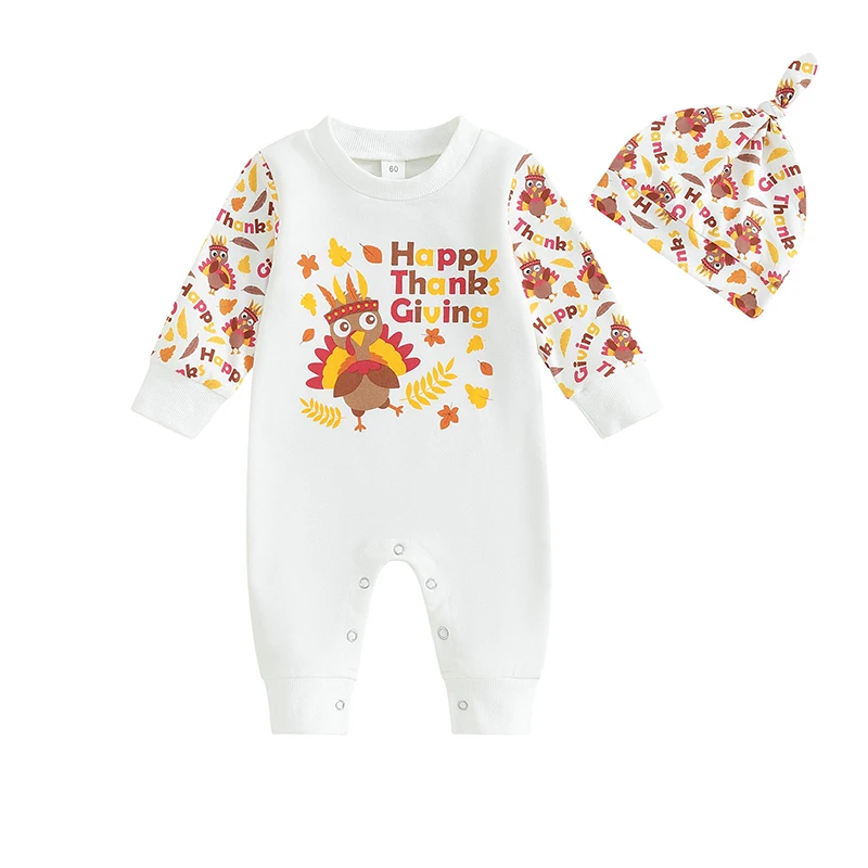 Baby Long Sleeve Rompers Infant Thanksgiving Turkey Print Long Sleeve Bodysuit Hat Newborn Round Neck Jumpsuits