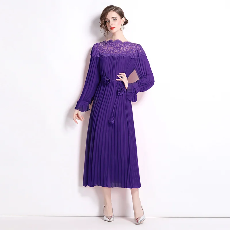 فستان بأربطة دانتيل مطوي ، فضفاض ونحيف ، زهور ، كا...