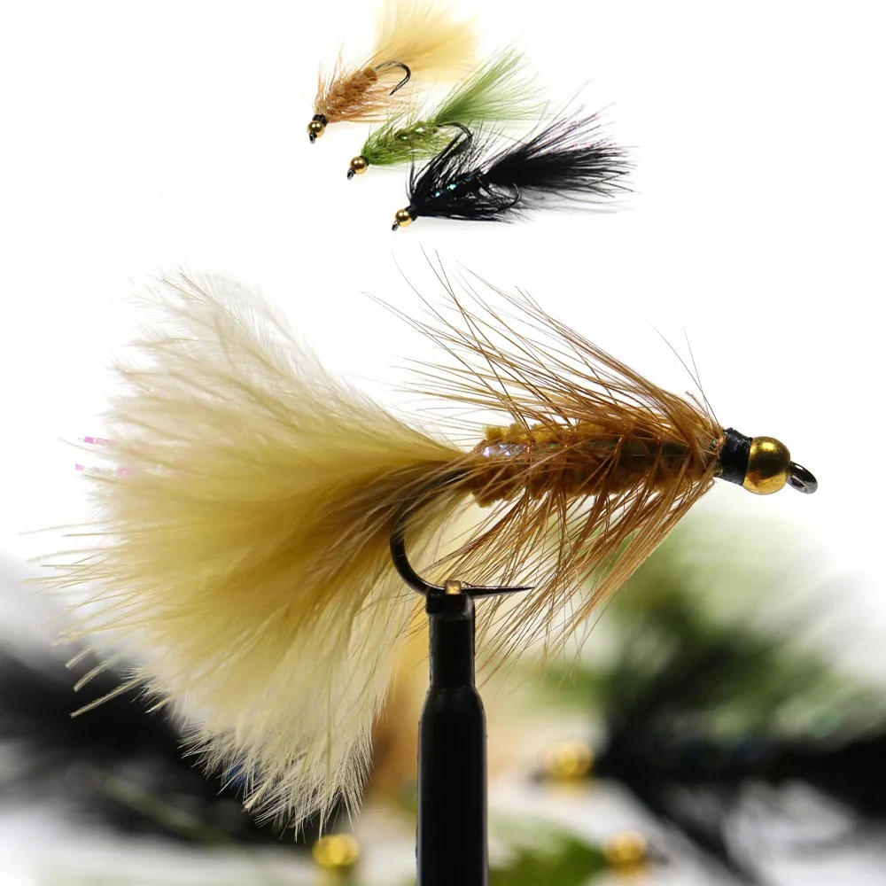 12 Stück # 6 # 8 Messingperlenkopf Woolly Bugger Streamer Fliegenfischen-Köder für Hecht, Barsch, Regenbogenforelle in Oliv, Braun, Schwarz – Detail 1
