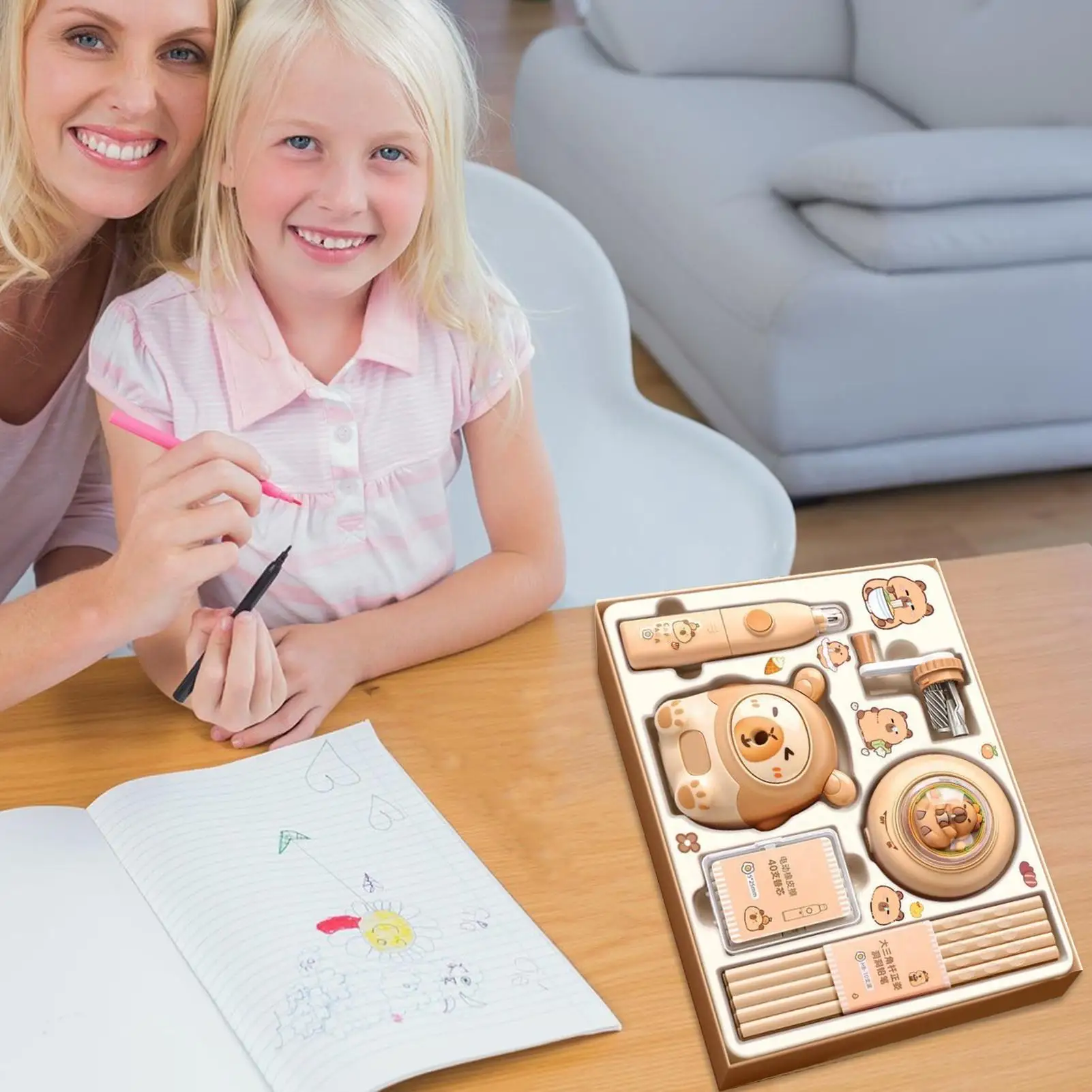 귀여운 문구 세트 연필깎이 카피바라 소품 문구 세트 학용품 전동 지우개 연필 학생용