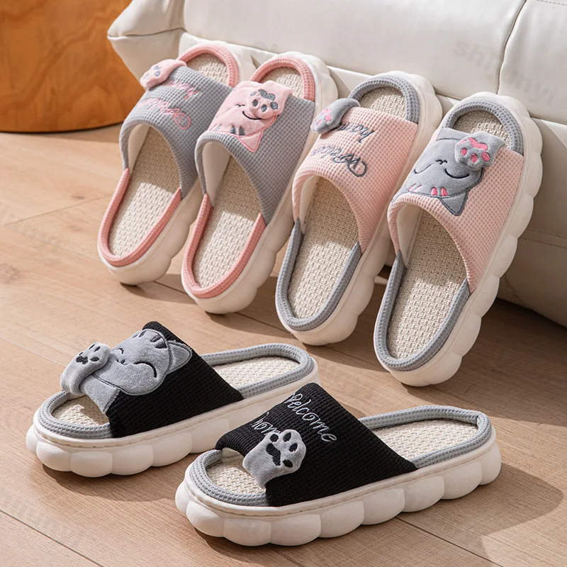 Women House Casual Slippers 2026 Spring Autumn Linen Platform Cute Cartoon Cat Floor Indoor Slippers Fashion Elegant Home Shoes - 2