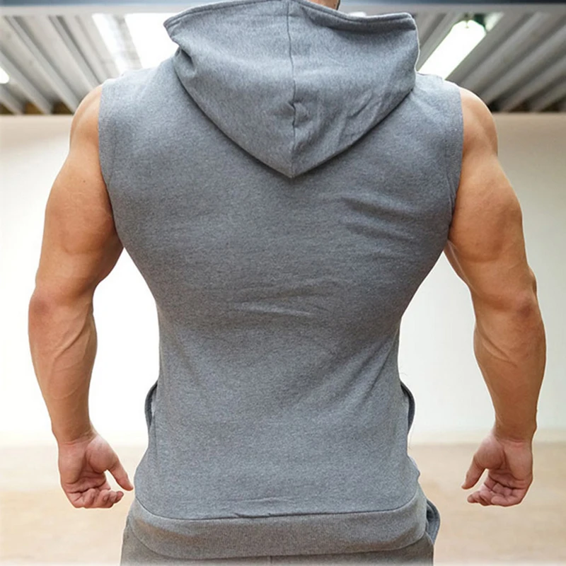 Men's Fashion Fitness Gyms Tank Top Male Sleeveless Vest Breathable Hooded Training Clothing Zipped Workout Running Sportswear