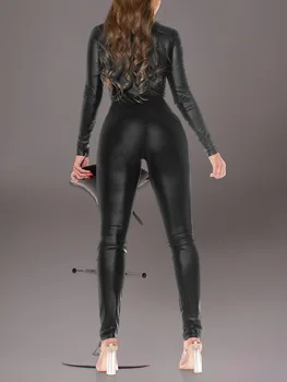 Women's Leather Catsuit Sexy Glossy Zipper Bodysuit Multicolor Mature Long Sleeve Jumpsuit Bodysuit 1